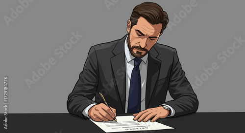 Professional businessman in a suit signing an important legal document or contract at a desk