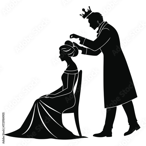Black silhouette of a ceremonial scene: a crowned figure stands, placing a crown on a seated figure in a gown. The gesture suggests honor, coronation, or recognition.