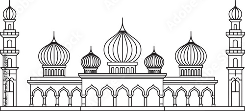 Mosque Facade Outline With Dome and Minarets. Islamic Building Architectural Element.