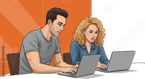 Colleagues collaborating on laptops in a modern office illustration