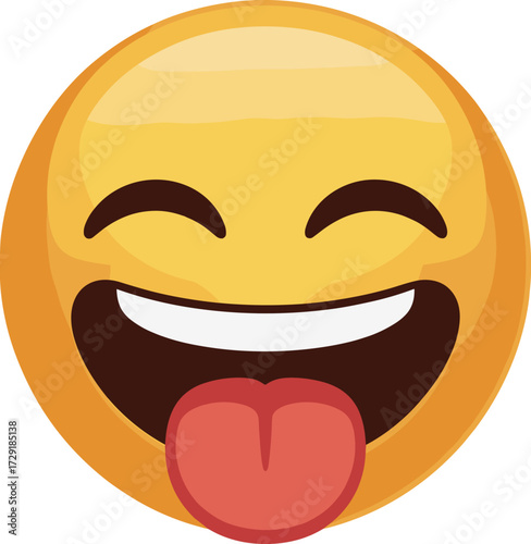 Playful Yellow Face Vector Icon Sticking Out Tongue and Laughing, Expressing Silliness, Humor, and Fun, Ideal for Communicating Prank, Teasing, or Joyful Mood, Flat Vector Illustration