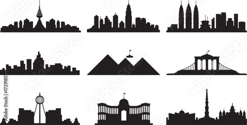 Cityscape Skyline Collection Of World Famous Landmark Buildings. Silhouette Vector Art