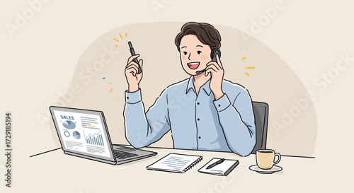 Cheerful businessman working on laptop and answering phone