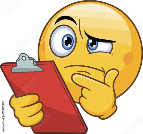 Pensive Thinking Face Emoji Looking at a Red Clipboard or Checklist with Finger on Chin, Expressing Evaluation, Scrutiny, or Assessment as a Flat Vector Illustration