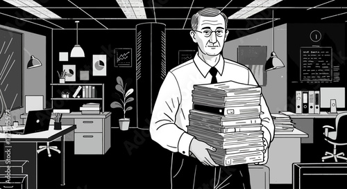 Overworked Businessman Holding Stack of Papers in Office
