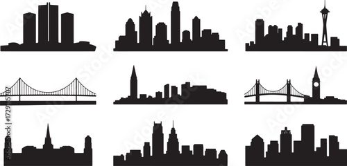 City Skyline Silhouette Set Tall Buildings Urban Landscape Architecture Black on Transparent