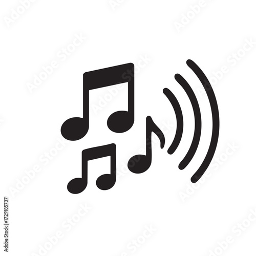 Simple black outline musical notes emitting sound waves representing music audio playback and melody