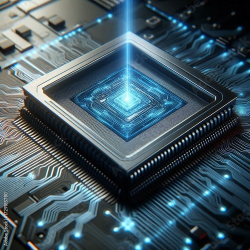 Futuristic Microchip with Blue Energy Beam on Circuit Board