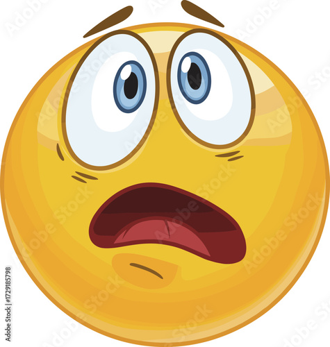 Shocked emoji face with wide open mouth, surprised expression cartoon, scared emoticon illustration, astonished yellow face, panic reaction vector art design
