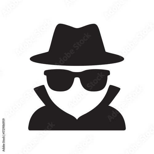 Silhouette of a mysterious spy wearing a fedora hat and dark sunglasses with a trench coat collar