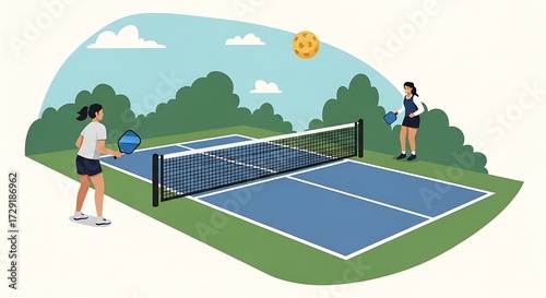 Pickleball Game Illustration - Players, Court, and Outdoor Setting.