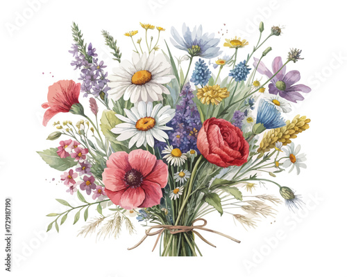 Wildflower Bouquet Watercolor Illustration Set isolated on white background