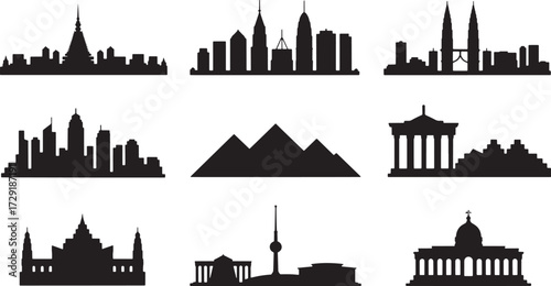 World cities skyline silhouette set Famous buildings landmarks travel business symbol design