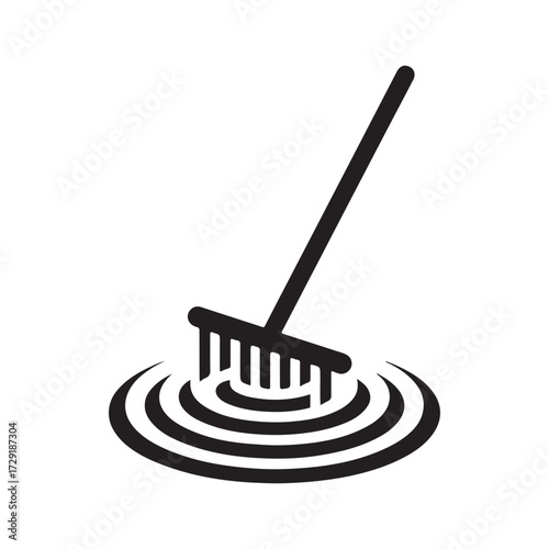 Zen garden rake making ripple lines in sand vector silhouette clip art logo design concept illustration