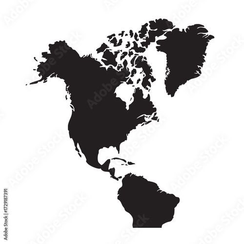 Black silhouette map of north and south america continents with detailed coastlines and islands on white background