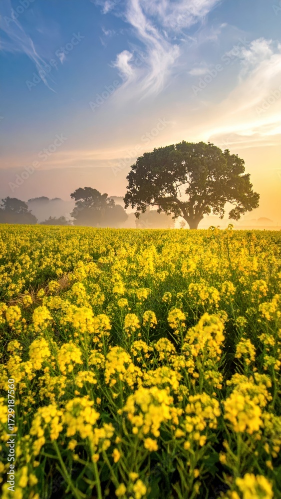 Obraz premium Serene Sunrise Over Vibrant Yellow Flower Field and Majestic Tree