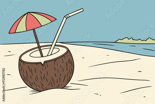  tropical beach, coconut shell cocktail, umbrella, blue sky, minimalist, still life, 4k, highly detailed, photorealistic