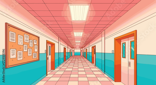 Symmetrical school hallway interior, colorful tiled floor, wooden doors with glass panels, institutional corridor design, educational building perspective illustration