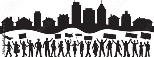 Protest People With Flags And Signs Against City Building Silhouette