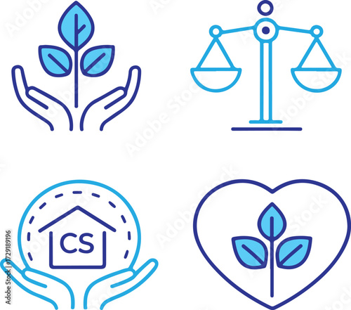 Sustainability and Ethics Line Icons Set.  Vector symbols for CSR, justice, environmental protection, and community support, perfect for corporate responsibility and ethical business themes.