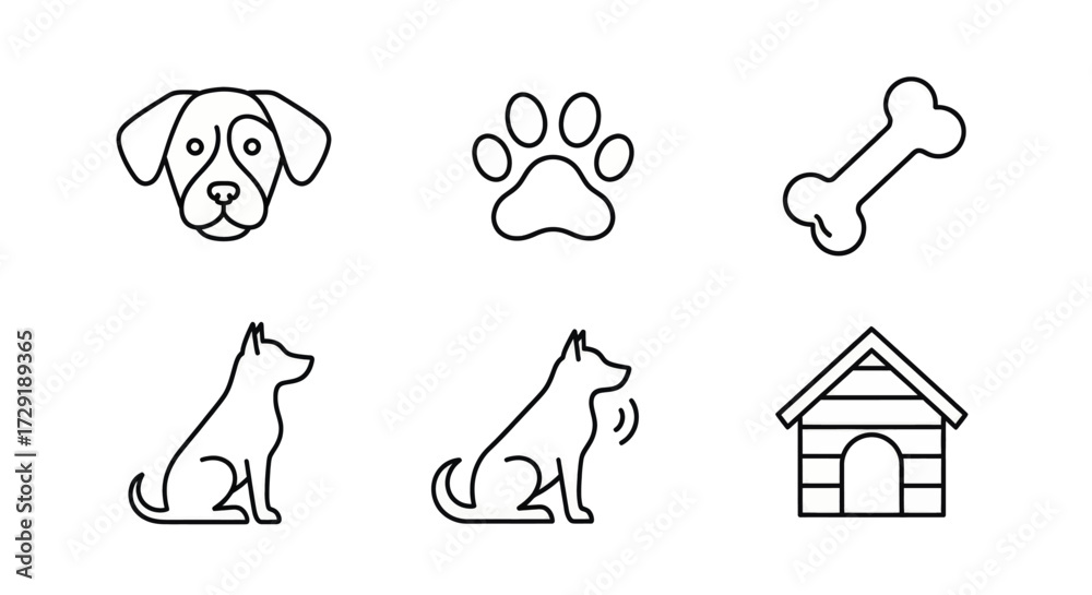 Fototapeta premium Simple line art icons representing a dog's life and accessories, perfect for pet-related themes.