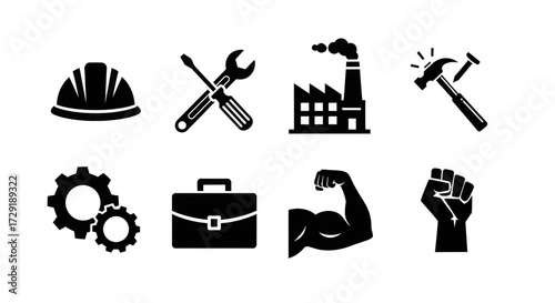 Collection of industrial and labor icons symbolizing hard work and manufacturing.