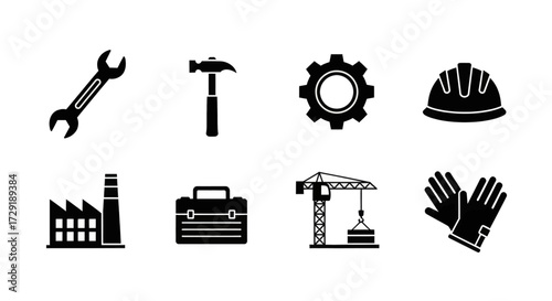 Collection of industrial and construction tools and equipment icons