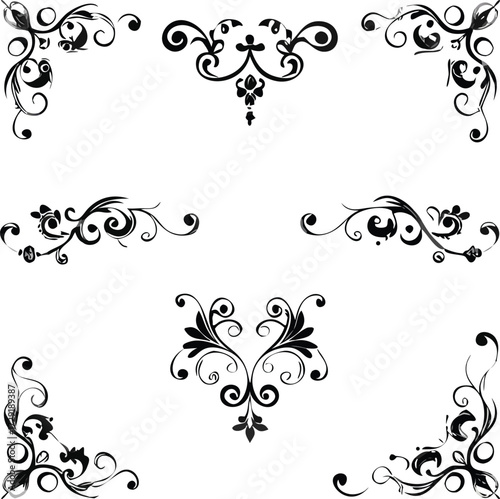 Elegant floral corner and divider design elements in black, isolated on white background, perfect for adding a touch of sophistication