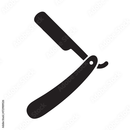 Classic black silhouette of a vintage straight razor with an open folding handle on a white background