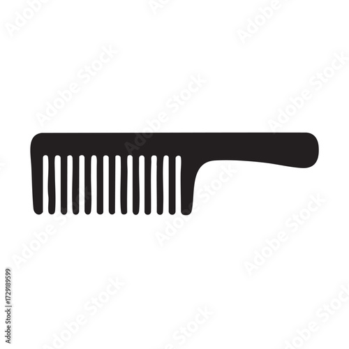 Simple black plastic comb with wide teeth and a handle for styling and detangling hair