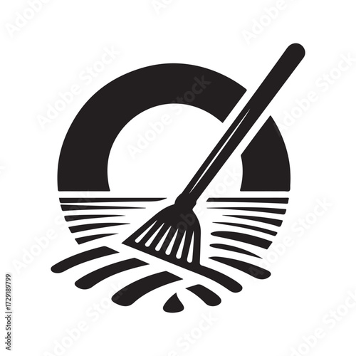 Zen garden rake making ripple lines in sand vector silhouette clip art logo design concept illustration