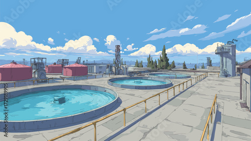 Industrial water treatment facility under bright blue sky for environmental and engineering projects.
