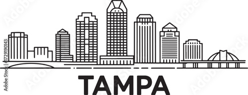 Outline Skyline View Downtown Tampa Florida along Water with Bridges vector Graphic