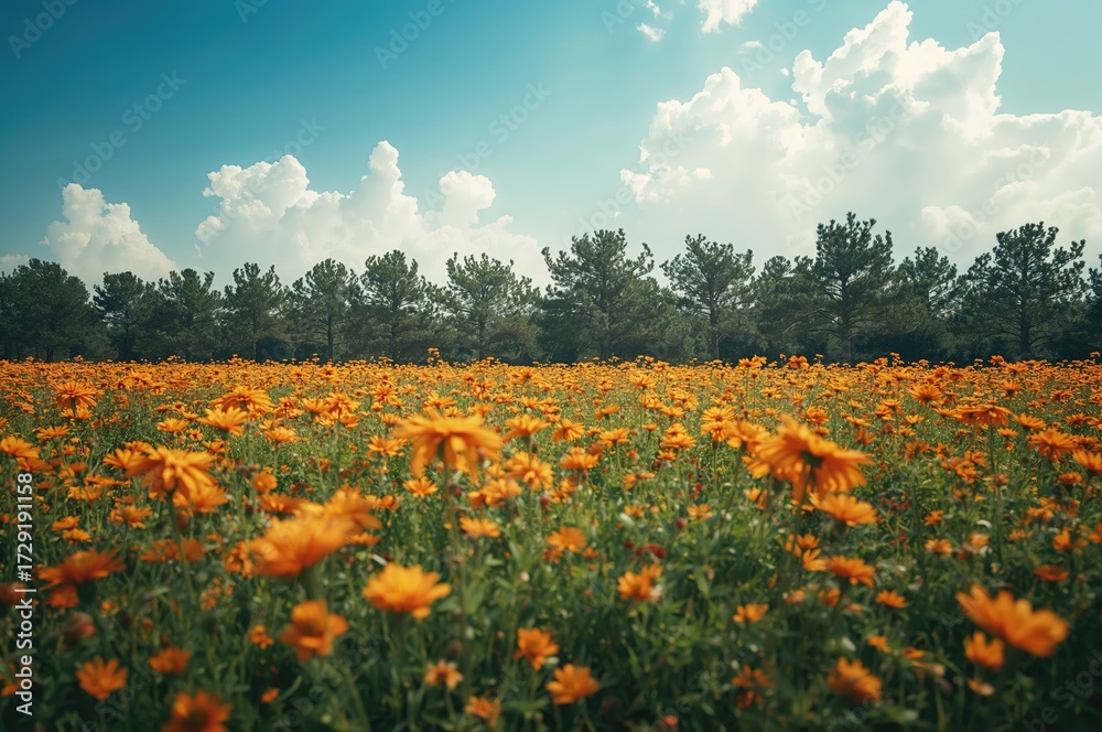 Obraz premium Stunning wide view of vibrant orange and yellow blossoms with a line of evergreen trees in the backdrop on a sunny day