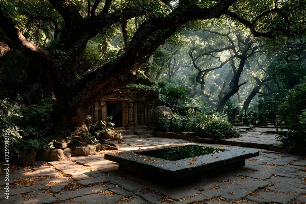 Obraz premium A quiet stone platform beneath a sacred bodhi tree in a sunlit forest clearing. Peaceful, spiritual, and empty—perfect for themes of reflection, mindfulness, or inner awakening.