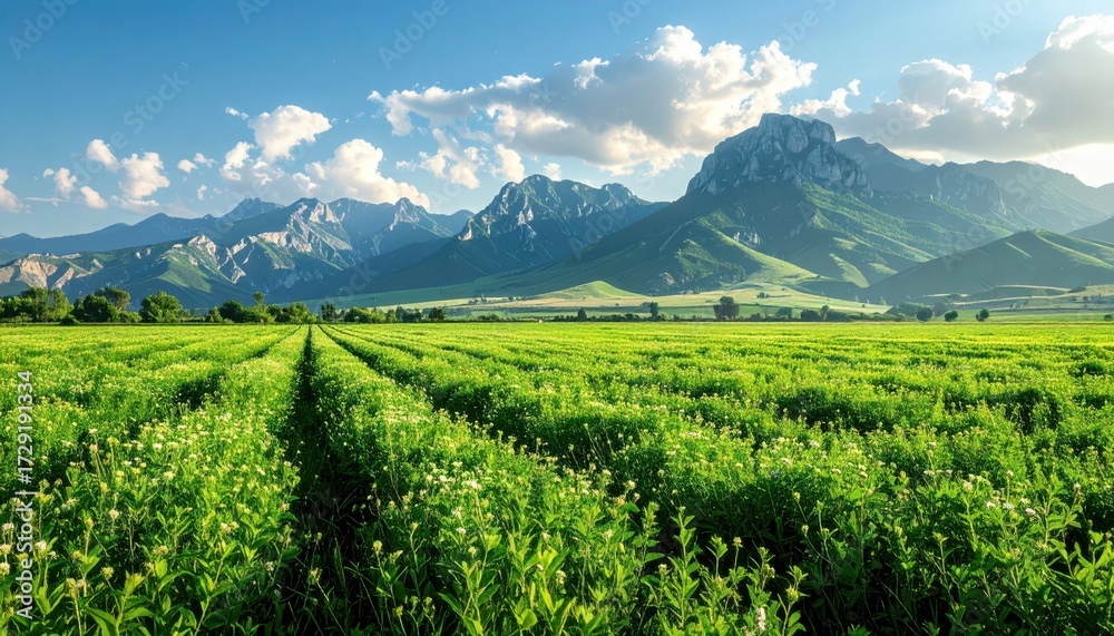 Fototapeta premium Scenic Landscape of Lush Green Fields With Majestic Mountain Range