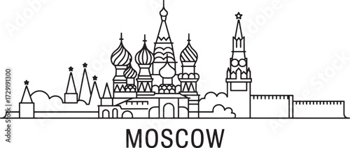 Moscow Russia Skyline Silhouette. Linear Moscow Cityscape Vector Outline. Russian Capital Illustration