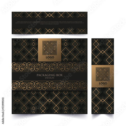 Elegant Ornamental Packaging Box Design with Golden Geometric Pattern and Logo Area