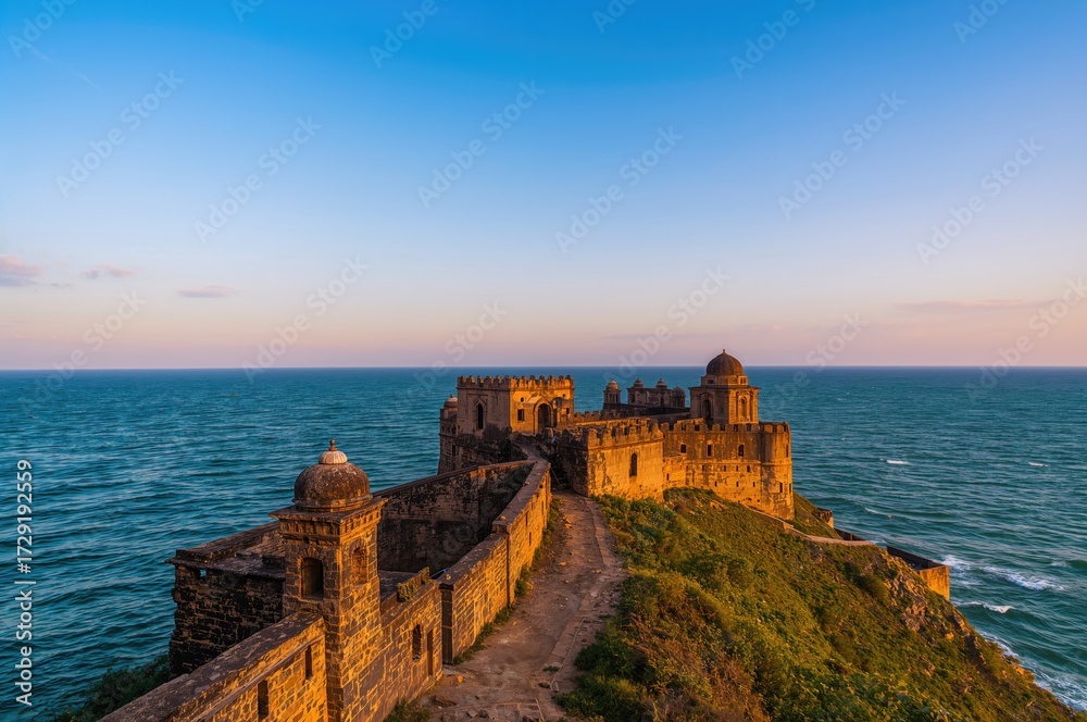 Obraz premium Historic fortress overlooking vast sea with aged buildings