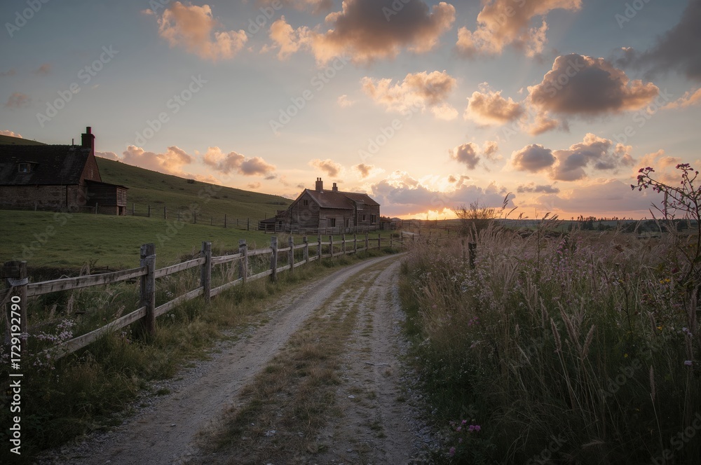Fototapeta premium A dirt path winds alongside a rustic fence and classic homes as the evening sky starts to brighten with sunset hues.