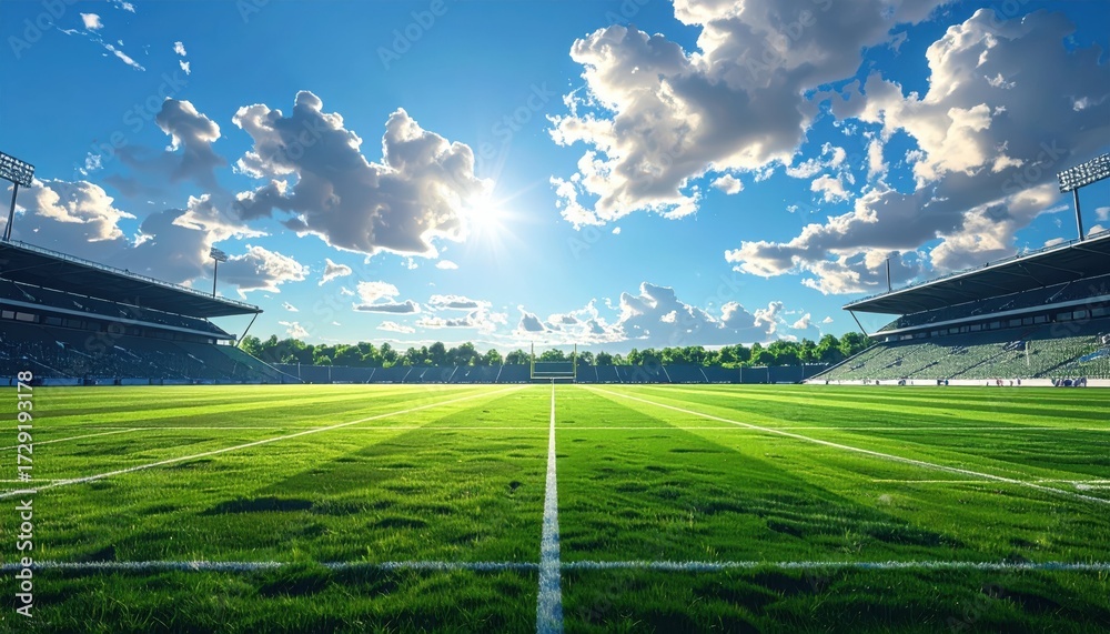 Fototapeta premium Scenic View of Empty Sports Field Under Bright Blue Sky