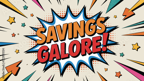 Unleash amazing deals with this vibrant, energetic 'Savings Galore!' comic style announcement perfect for promotions and sales events