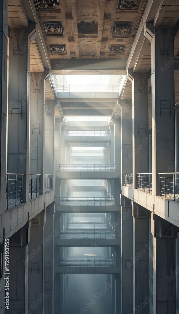 Fototapeta premium Light streams into a complex of concrete structures with repeating architectural forms