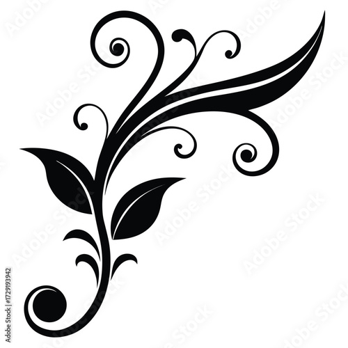 Elegant black floral design isolated on white background, featuring delicate swirls and leaves for a sophisticated touch