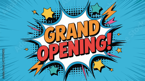 Announce your grand opening with this eye-catching comic book style graphic, perfect for attracting attention and creating excitement around your new business or event, promoting a splashy debut