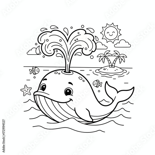 Whale spouting water near island with palm trees and smiling sun in a black and white coloring page