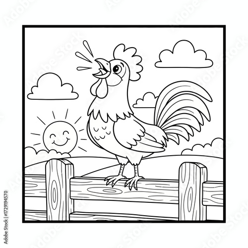 Illustration of a rooster crowing on a fence with a smiling sun and clouds in the background scene