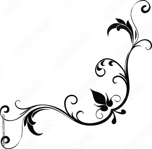 Sophisticated black floral corner design isolated on white background, featuring intricate swirls and delicate leaves for a refined look