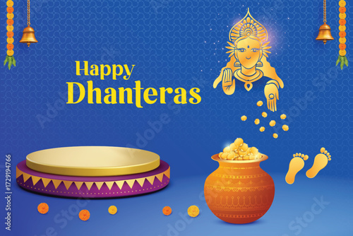 Goddess Lakshmi Blessing With Fortune Pot And Podium On Blue Background. Dhanteras Festival Celebration Background Concept For E-commerce Greetings, Poster, Banner Etc.