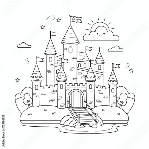 Outlined fairytale castle with towers flags bridge and moat under a smiling sun and floating clouds